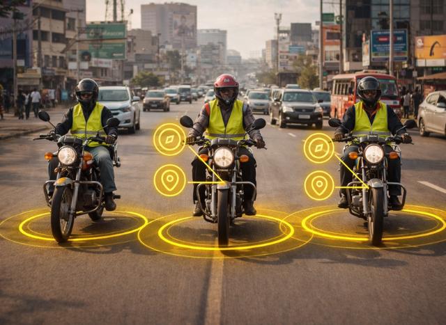 Motorbikes navigating in Nairobi traffic as used in a page about motorcycle tracking in Kenya