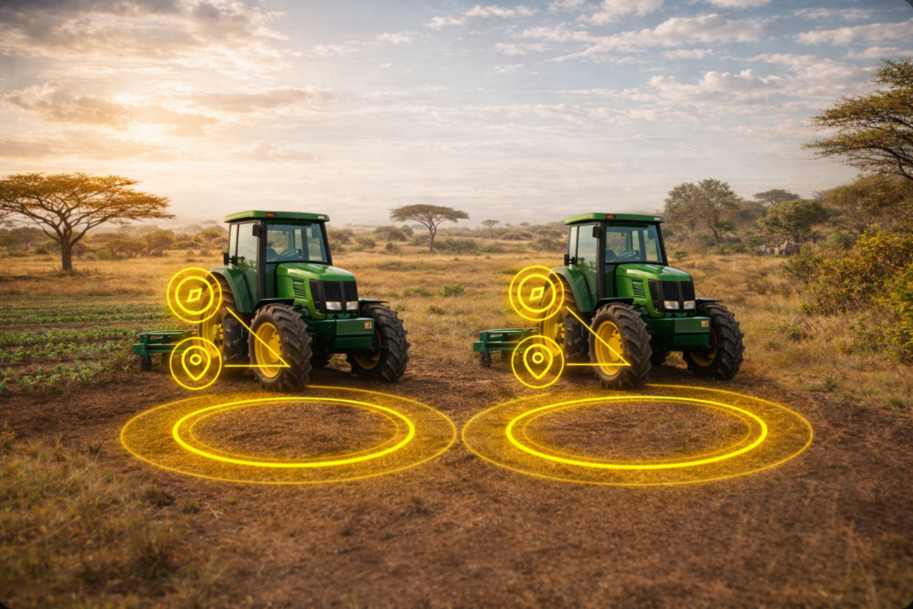 Parallel tractors in savannah sunset depicting a Kenyan farming context as used in a webpage for tractor GPS tracking services in Kenya