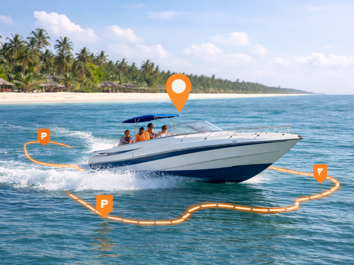 Speed boat GPS tracking illustration as used on a landing page on the topic