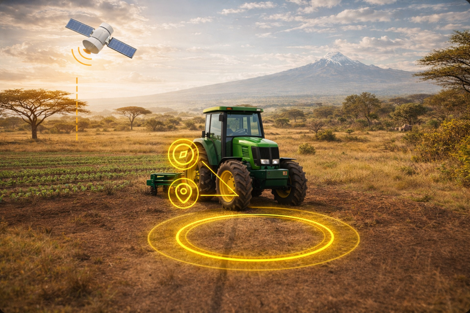 A tractor farming in a Kenyan savannah farm with GPS tracking graphics