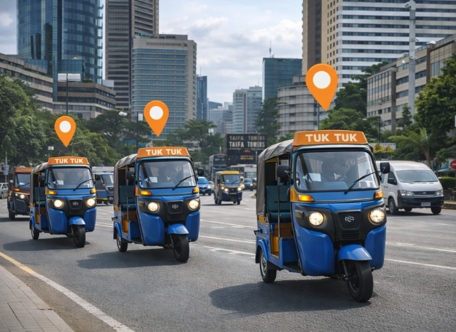 A fleet of tuk tuks with map icons as used on a webpage about tuktuk tracking in Kenya.