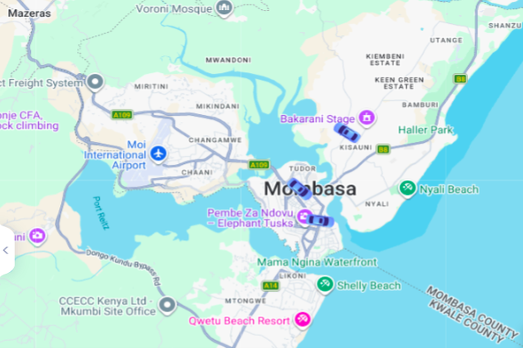 Screenshot of live GPS car tracking service in the Mombasa area of Kenya courtesy of Cedoo Auto Solutions in July 2026