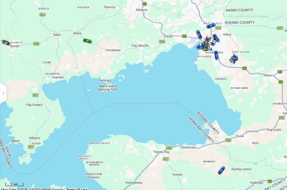 A screenshot of of the Cedoo Auto Solutions GPS Tracking System Over Kisumu and its Environs 2026-10-22